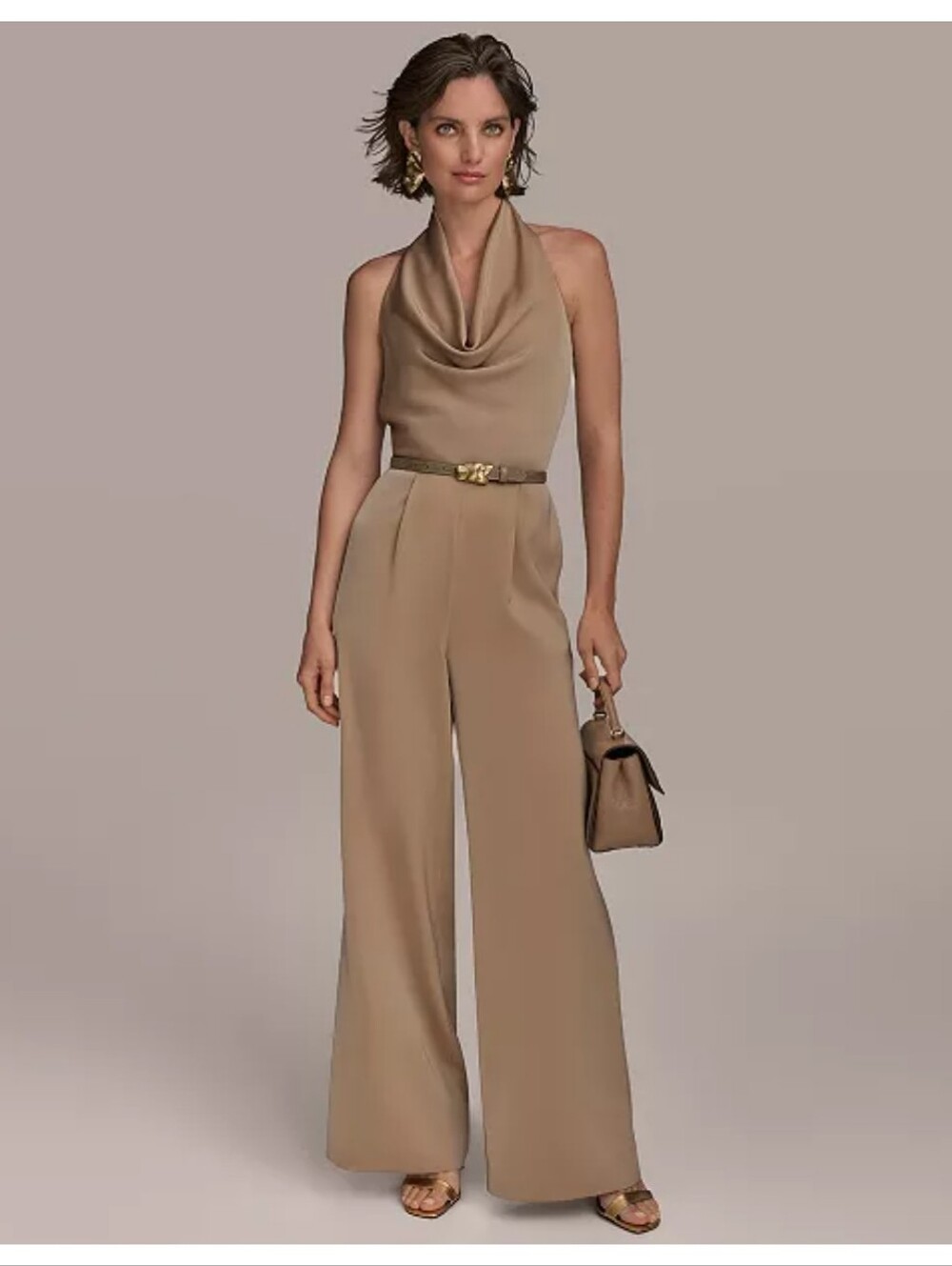 Donna Karan New York Halter Cowl Neck Wide Leg Jumpsuit Tan Size 12 NWT
